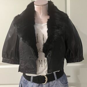 bebe Black Leather Jacket with rabbit Fur Collar